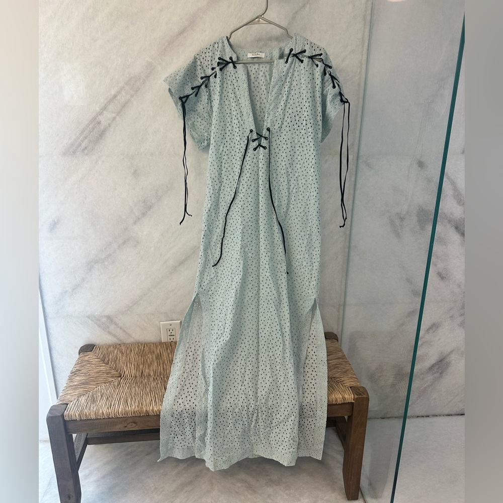 Marysia Swim Light Blue Eyelet Maxi Dress with Black Ties